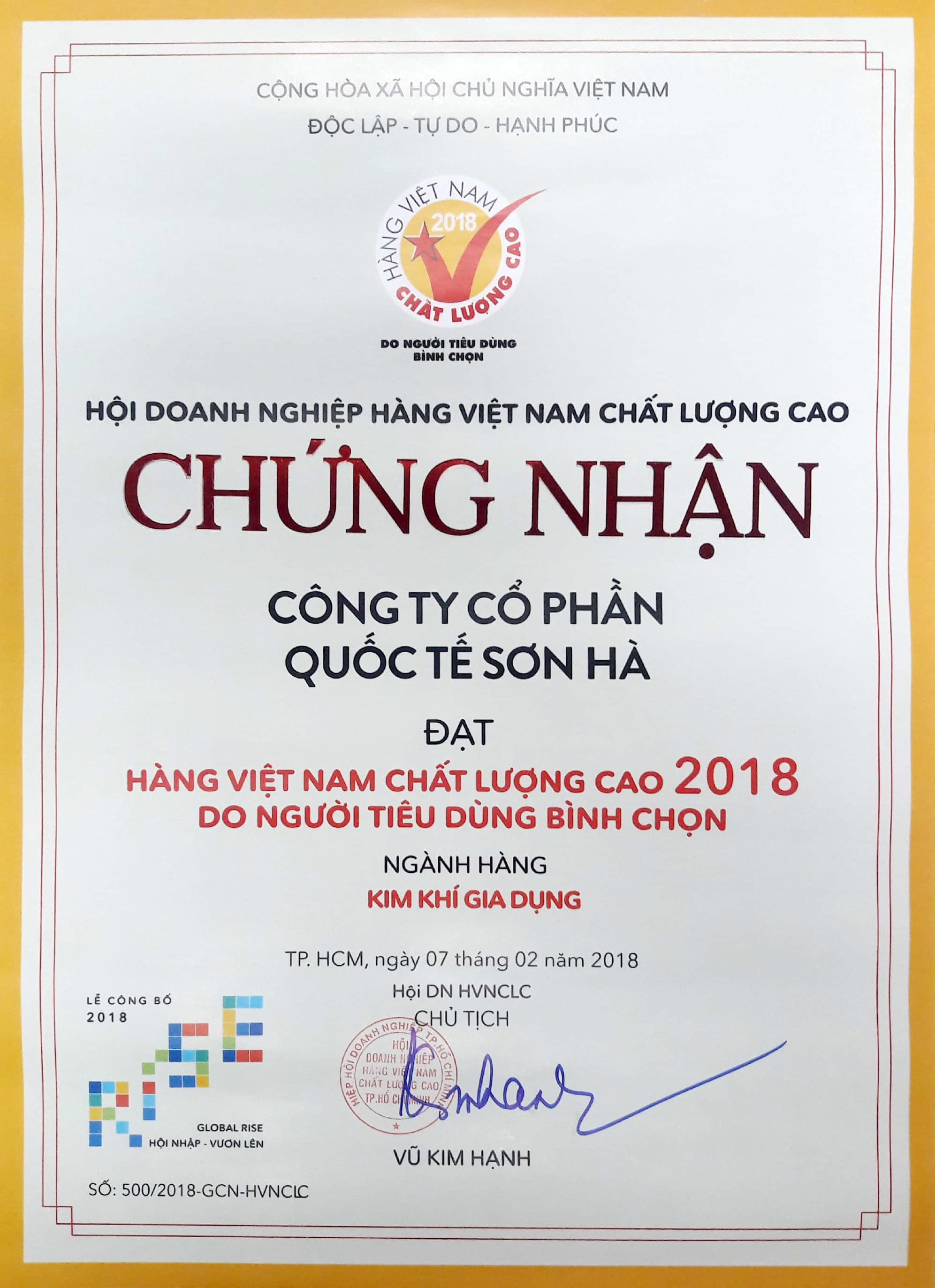 Sơn Hà 15 năm liên tiếp được vinh danh Hàng Việt Nam chất lượng cao